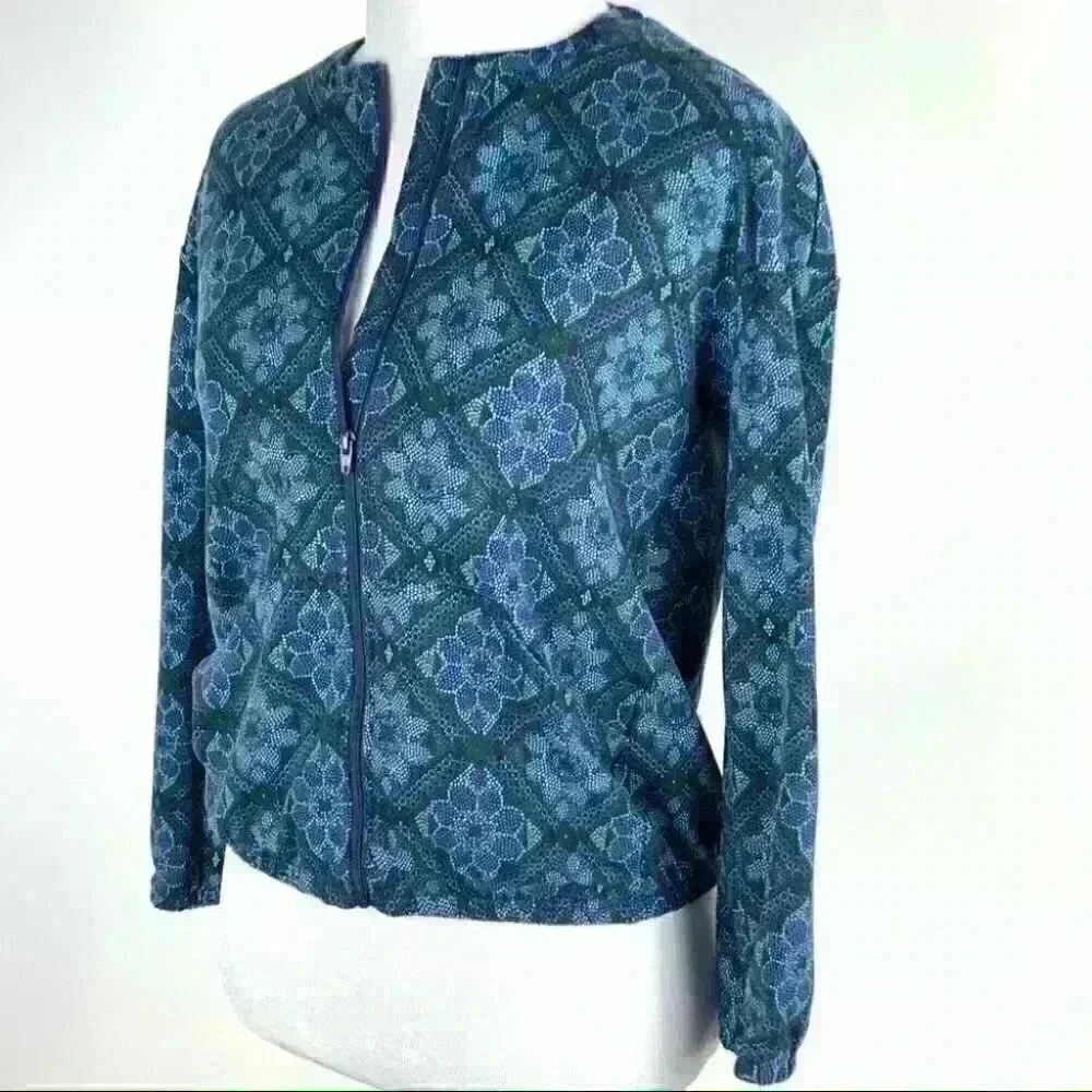 New Lularoe Girls Monroe Jacket sz 14 Blue Green Floral Flowers Zipper Pockets